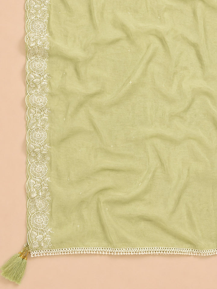 Pista Green Embroidered Chanderi Unstitched Suit &amp; Pant With Chanderi Dupatta