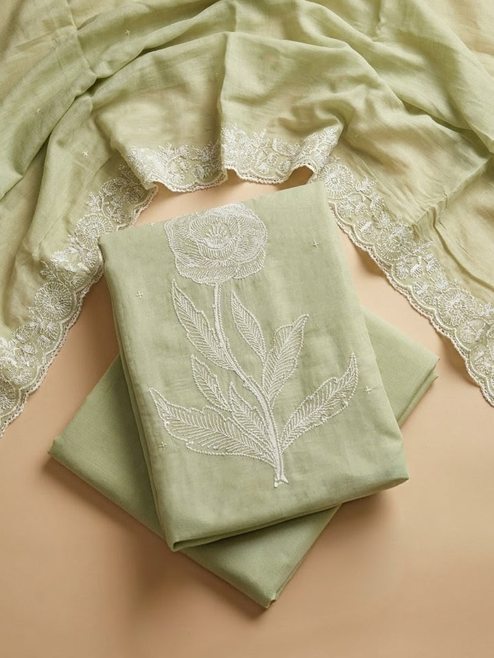 Pista Green Embroidered Chanderi Unstitched Suit &amp; Pant With Chanderi Dupatta