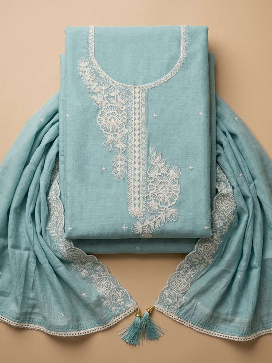 Sky Blue Embroidered Chanderi Unstitched Suit &amp; Pant With Chanderi Dupatta