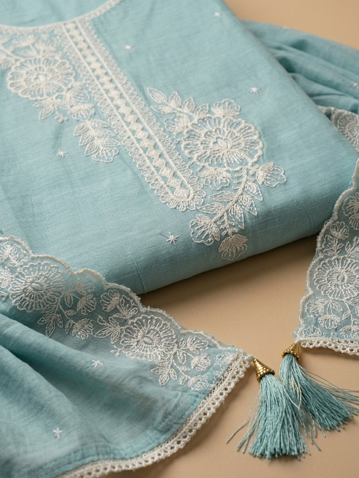 Sky Blue Embroidered Chanderi Unstitched Suit &amp; Pant With Chanderi Dupatta
