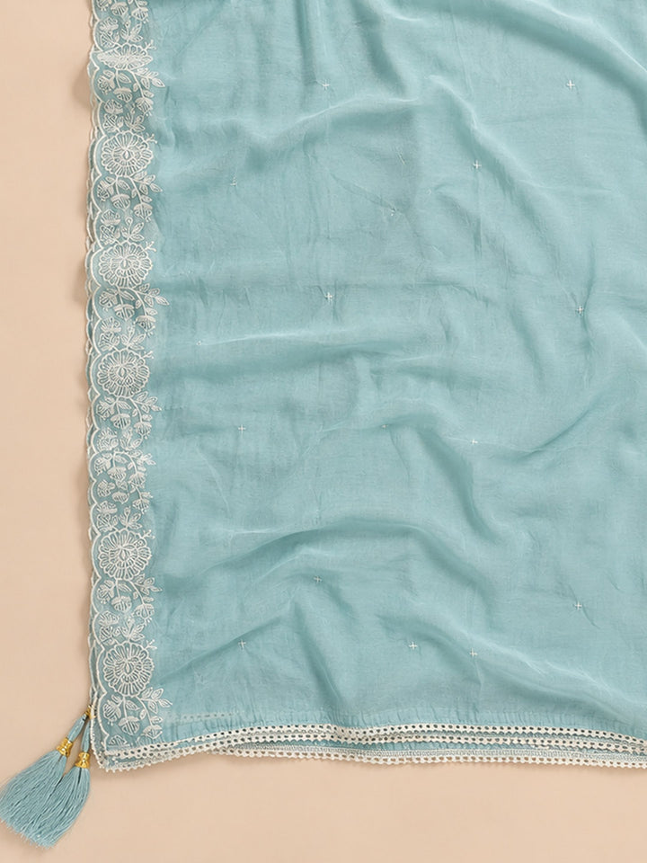 Sky Blue Embroidered Chanderi Unstitched Suit &amp; Pant With Chanderi Dupatta