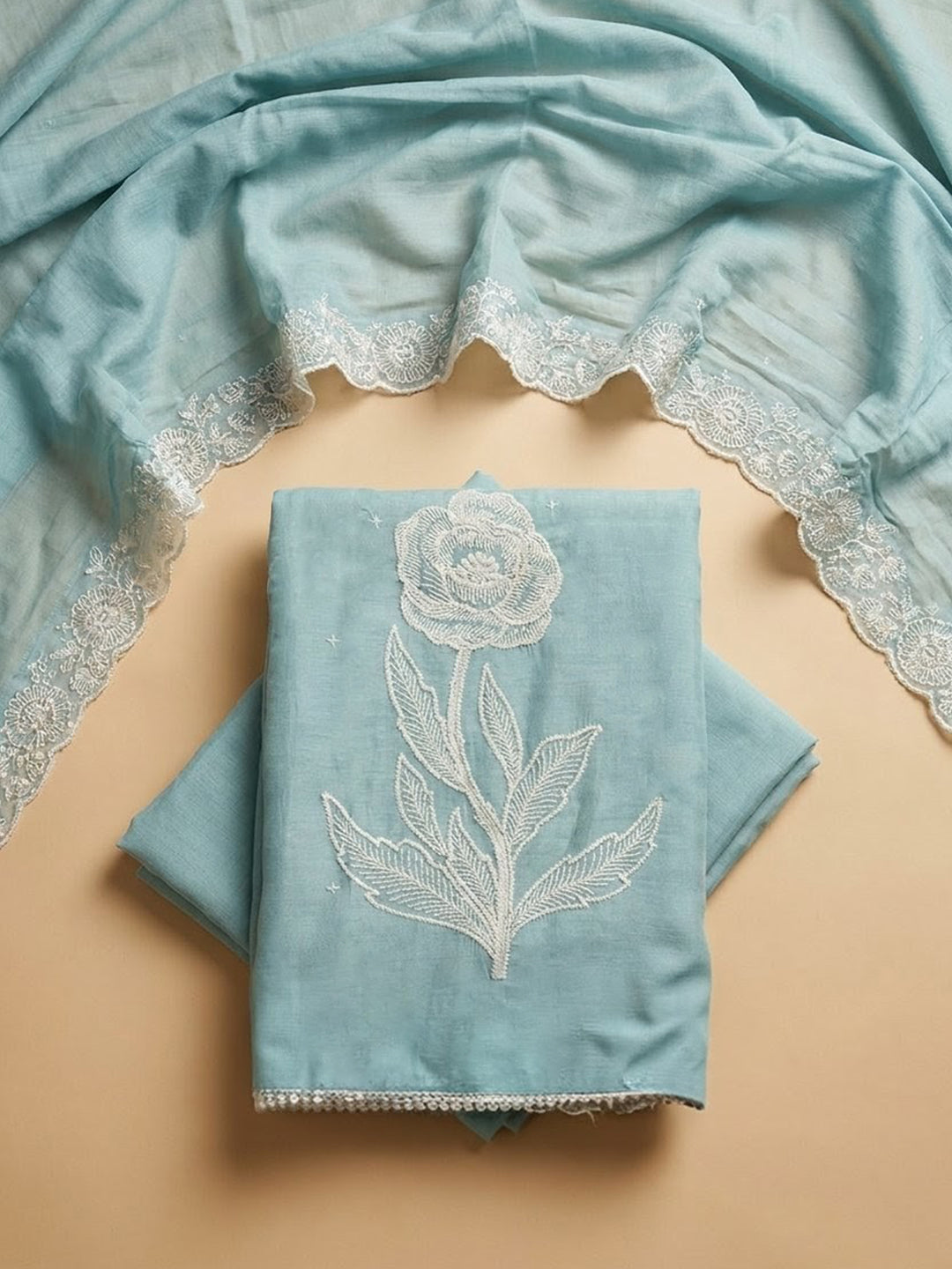 Sky Blue Embroidered Chanderi Unstitched Suit &amp; Pant With Chanderi Dupatta