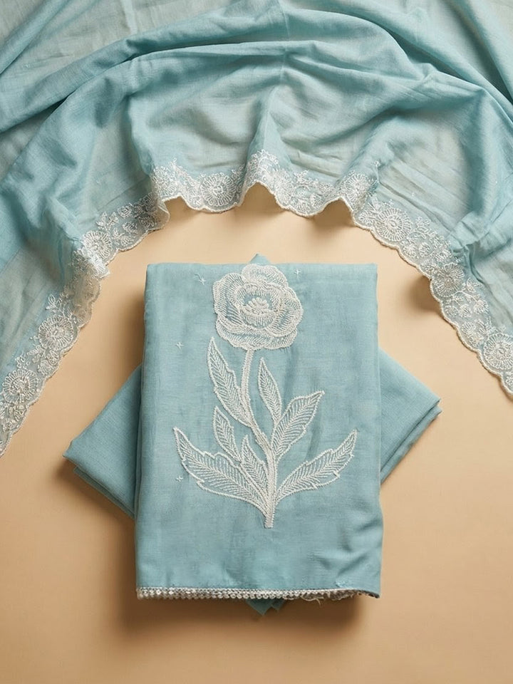 Sky Blue Embroidered Chanderi Unstitched Suit &amp; Pant With Chanderi Dupatta