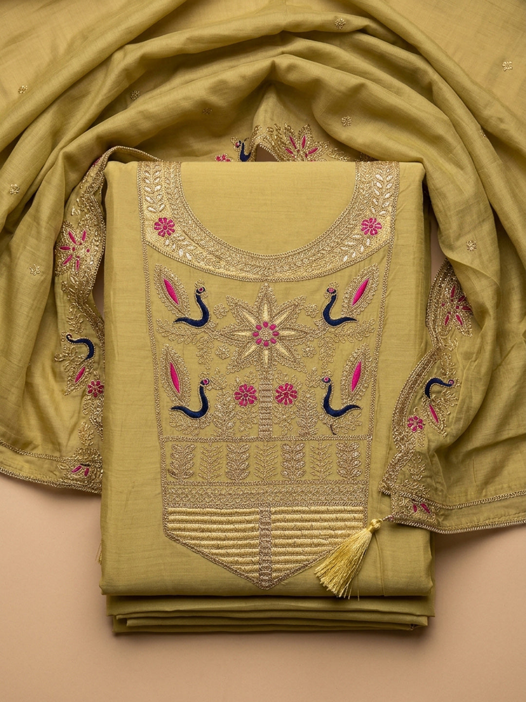 Mustard Embroidered Chanderi Unstitched Suit &amp; Pant With Chanderi Dupatta