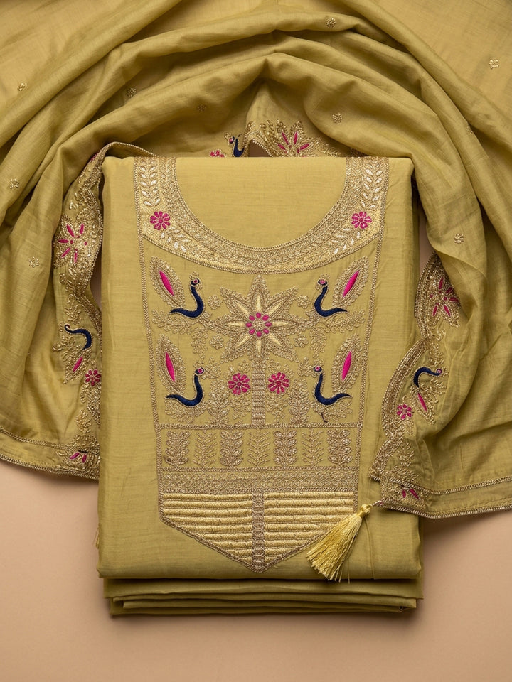 Mustard Embroidered Chanderi Unstitched Suit &amp; Pant With Chanderi Dupatta
