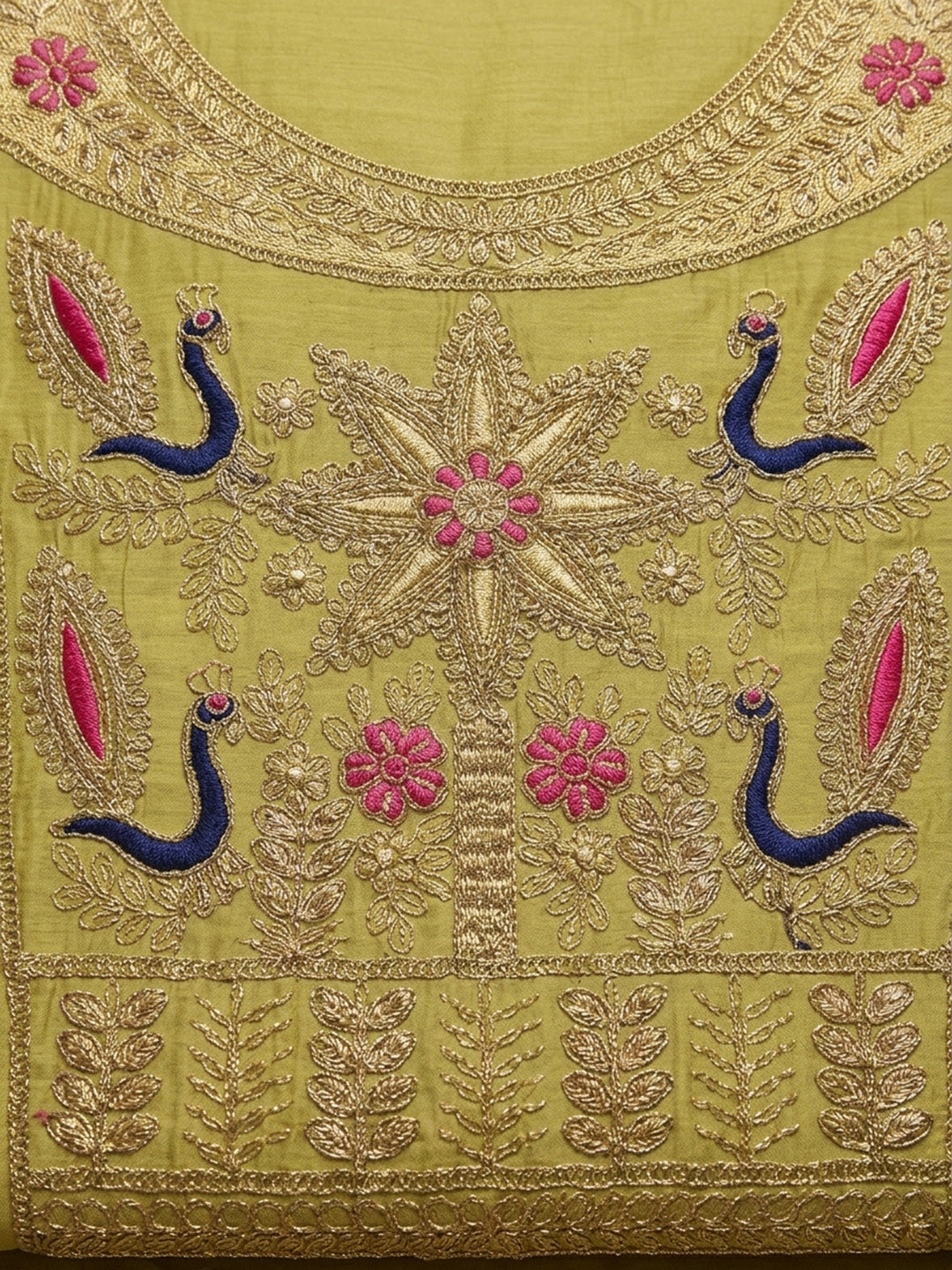 Mustard Embroidered Chanderi Unstitched Suit &amp; Pant With Chanderi Dupatta