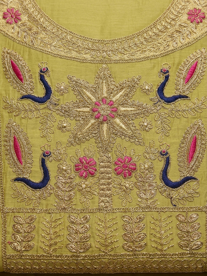 Mustard Embroidered Chanderi Unstitched Suit &amp; Pant With Chanderi Dupatta