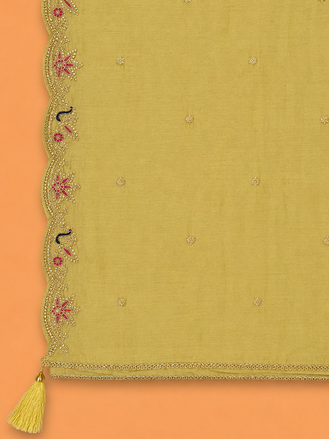 Mustard Embroidered Chanderi Unstitched Suit &amp; Pant With Chanderi Dupatta