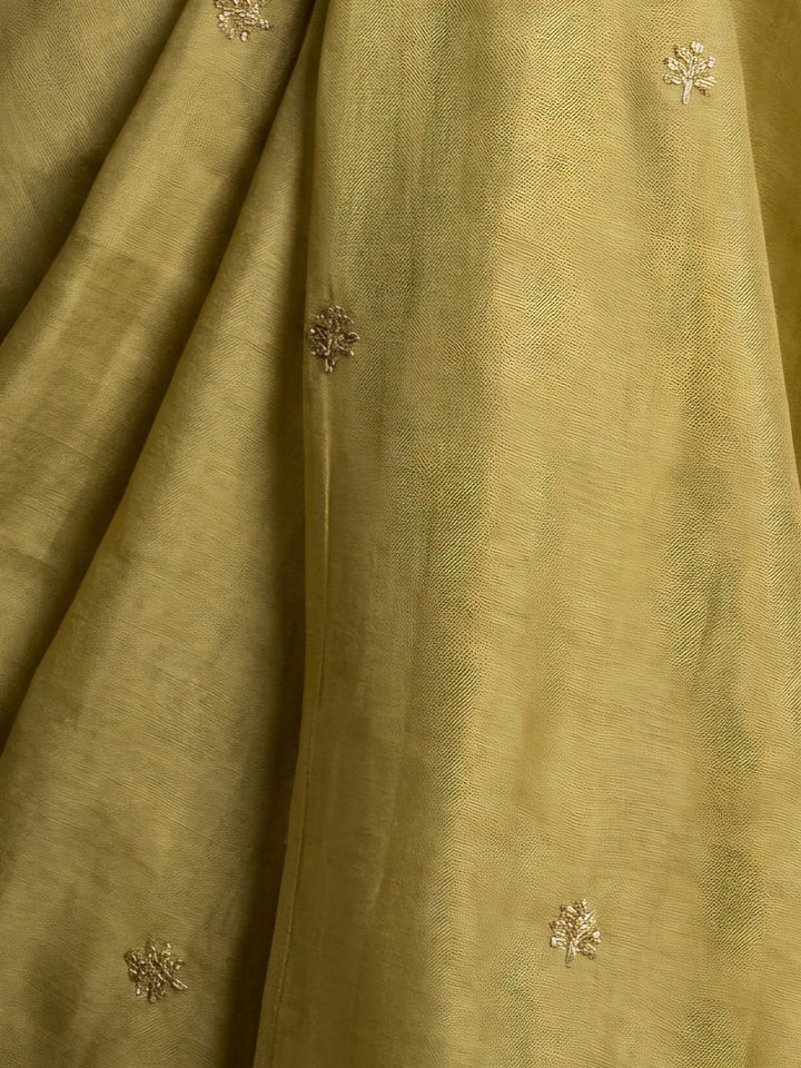 Mustard Embroidered Chanderi Unstitched Suit &amp; Pant With Chanderi Dupatta