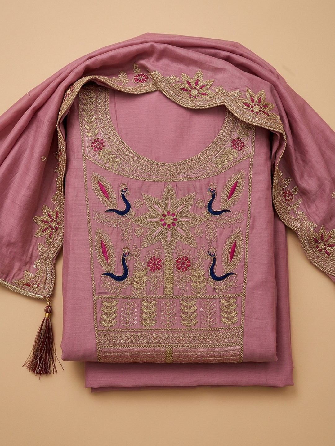 Onion Pink Embroidered Chanderi Unstitched Suit &amp; Pant With Chanderi Dupatta