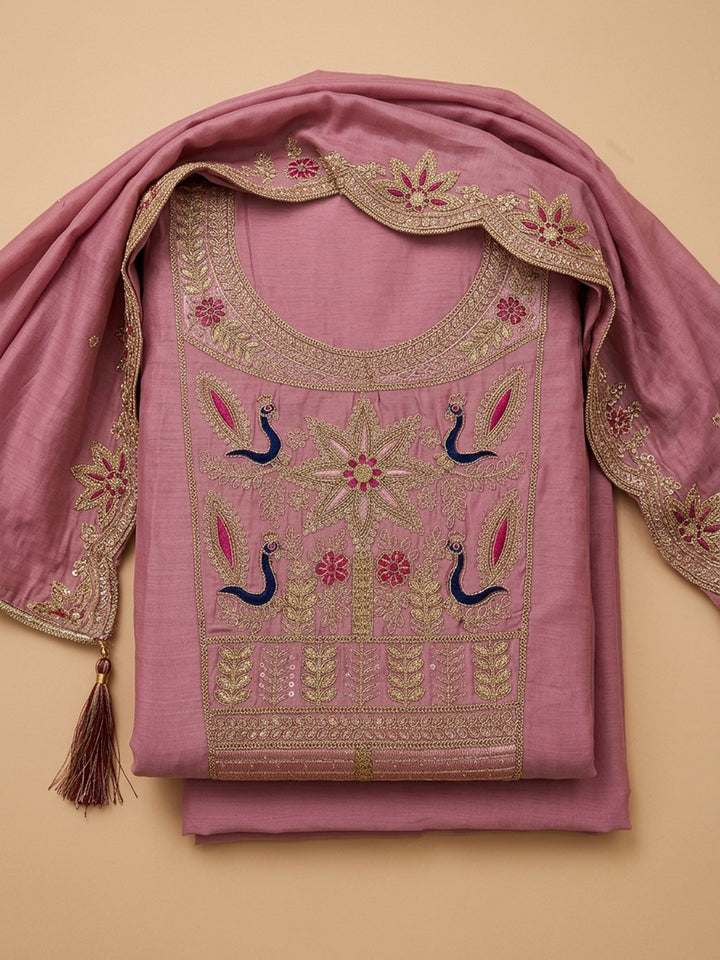 Onion Pink Embroidered Chanderi Unstitched Suit &amp; Pant With Chanderi Dupatta
