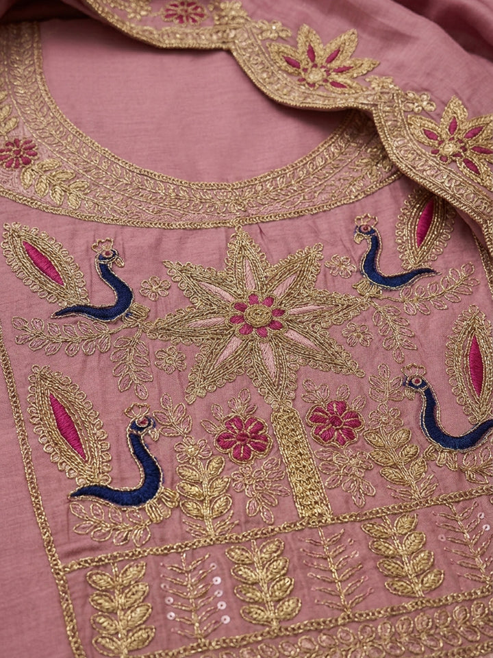 Onion Pink Embroidered Chanderi Unstitched Suit &amp; Pant With Chanderi Dupatta