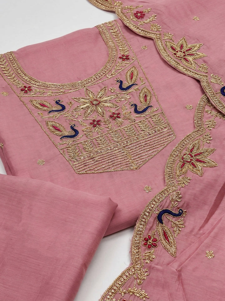 Onion Pink Embroidered Chanderi Unstitched Suit &amp; Pant With Chanderi Dupatta
