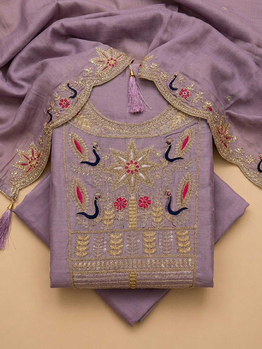 Purple Embroidered Chanderi Unstitched Suit &amp; Pant With Chanderi Dupatta
