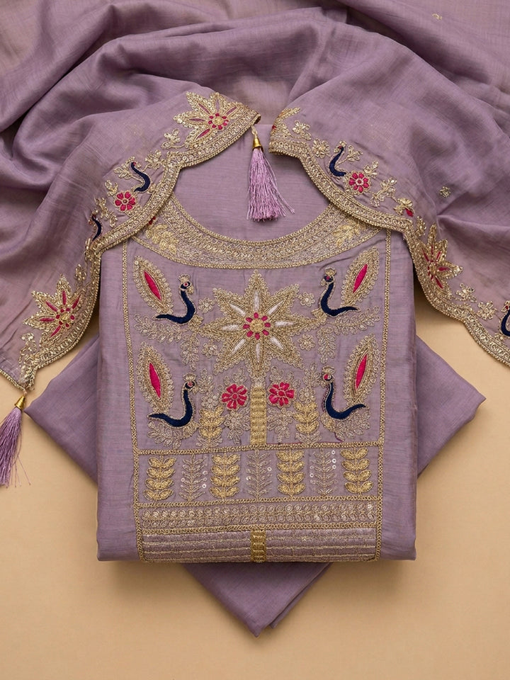 Purple Embroidered Chanderi Unstitched Suit &amp; Pant With Chanderi Dupatta