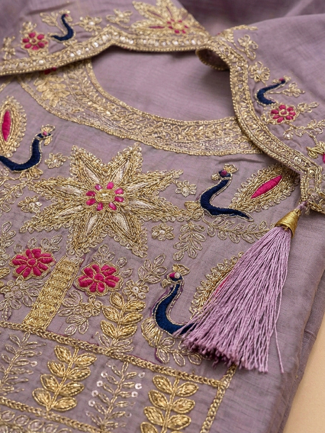 Purple Embroidered Chanderi Unstitched Suit &amp; Pant With Chanderi Dupatta