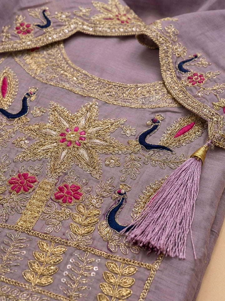 Purple Embroidered Chanderi Unstitched Suit &amp; Pant With Chanderi Dupatta