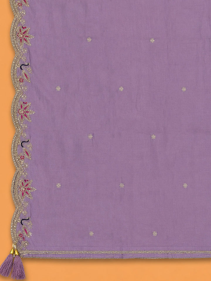 Purple Embroidered Chanderi Unstitched Suit &amp; Pant With Chanderi Dupatta