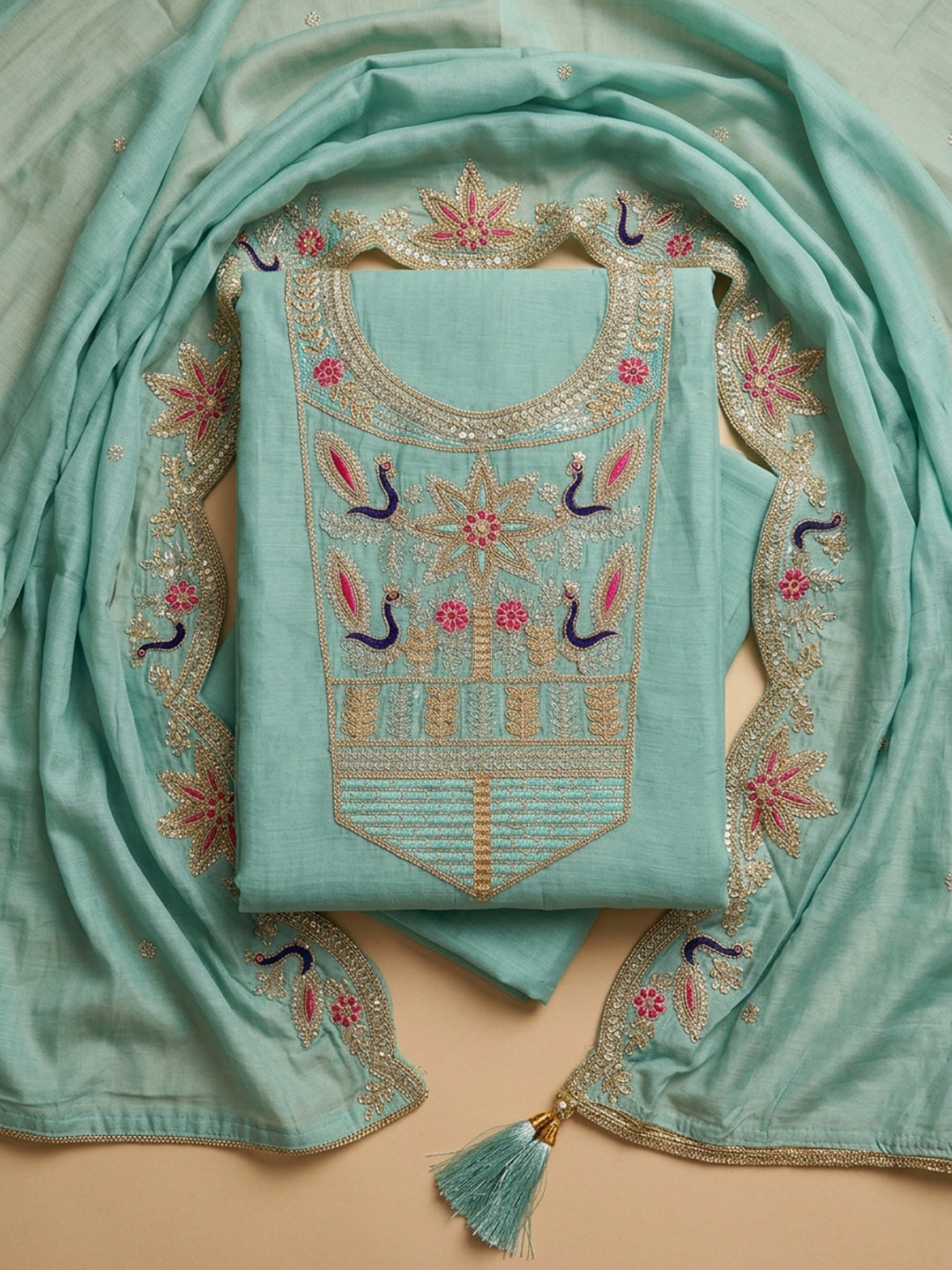 Sea Green Embroidered Chanderi Unstitched Suit &amp; Pant With Chanderi Dupatta