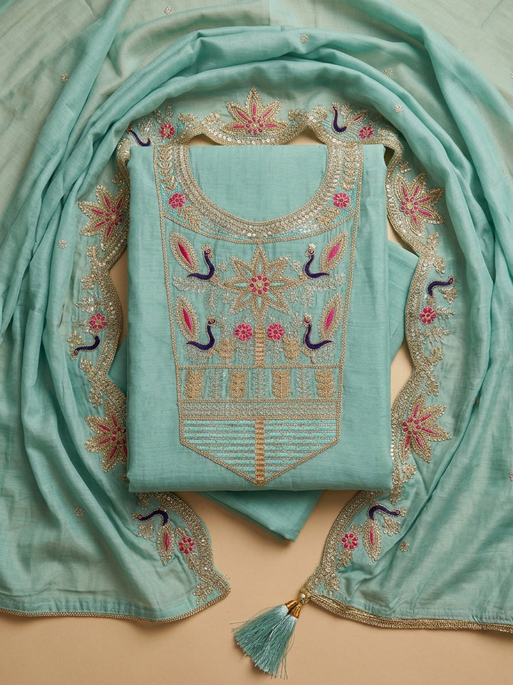 Sea Green Embroidered Chanderi Unstitched Suit &amp; Pant With Chanderi Dupatta