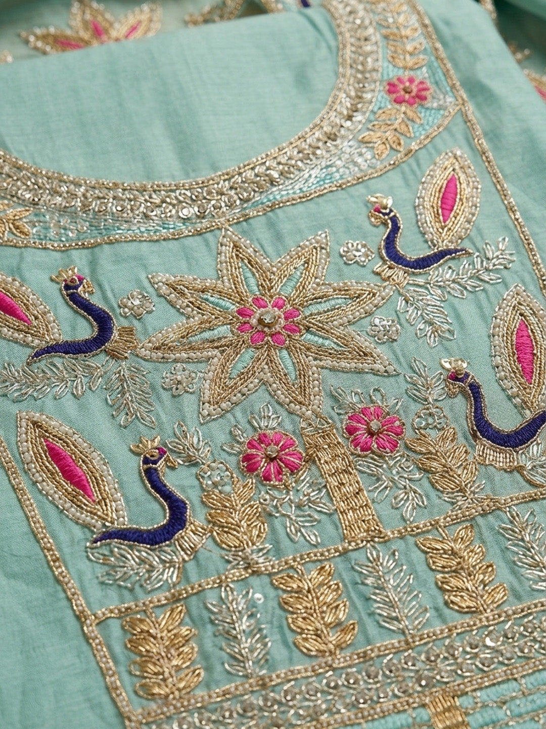 Sea Green Embroidered Chanderi Unstitched Suit &amp; Pant With Chanderi Dupatta