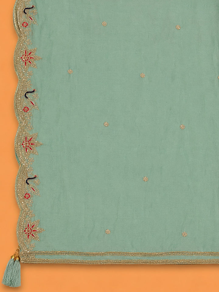 Sea Green Embroidered Chanderi Unstitched Suit &amp; Pant With Chanderi Dupatta