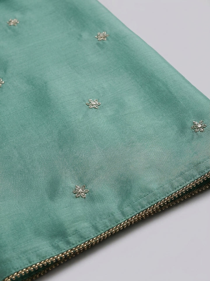 Sea Green Embroidered Chanderi Unstitched Suit &amp; Pant With Chanderi Dupatta