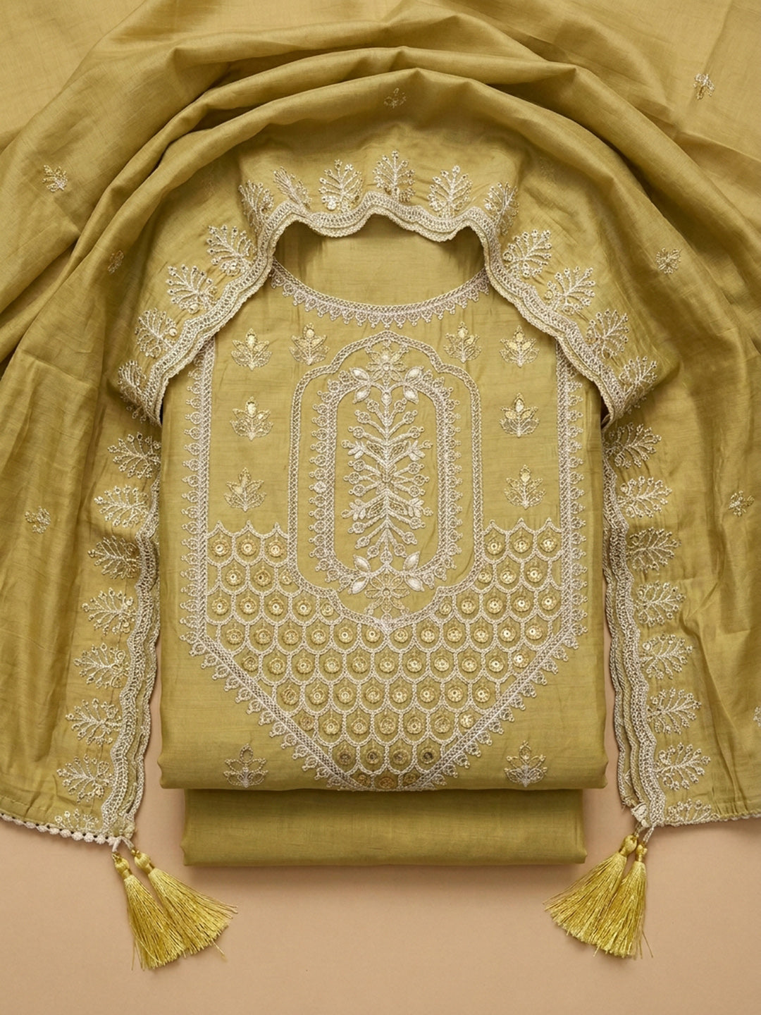 Mustard Embroidered Chanderi Unstitched Suit &amp; Pant With Chanderi Dupatta