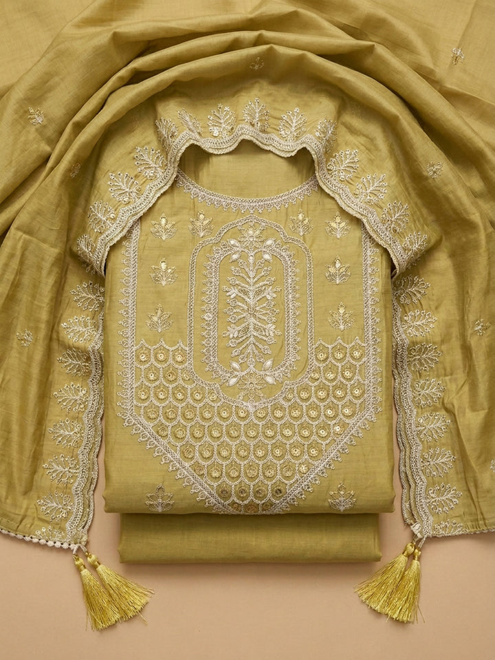 Mustard Embroidered Chanderi Unstitched Suit &amp; Pant With Chanderi Dupatta