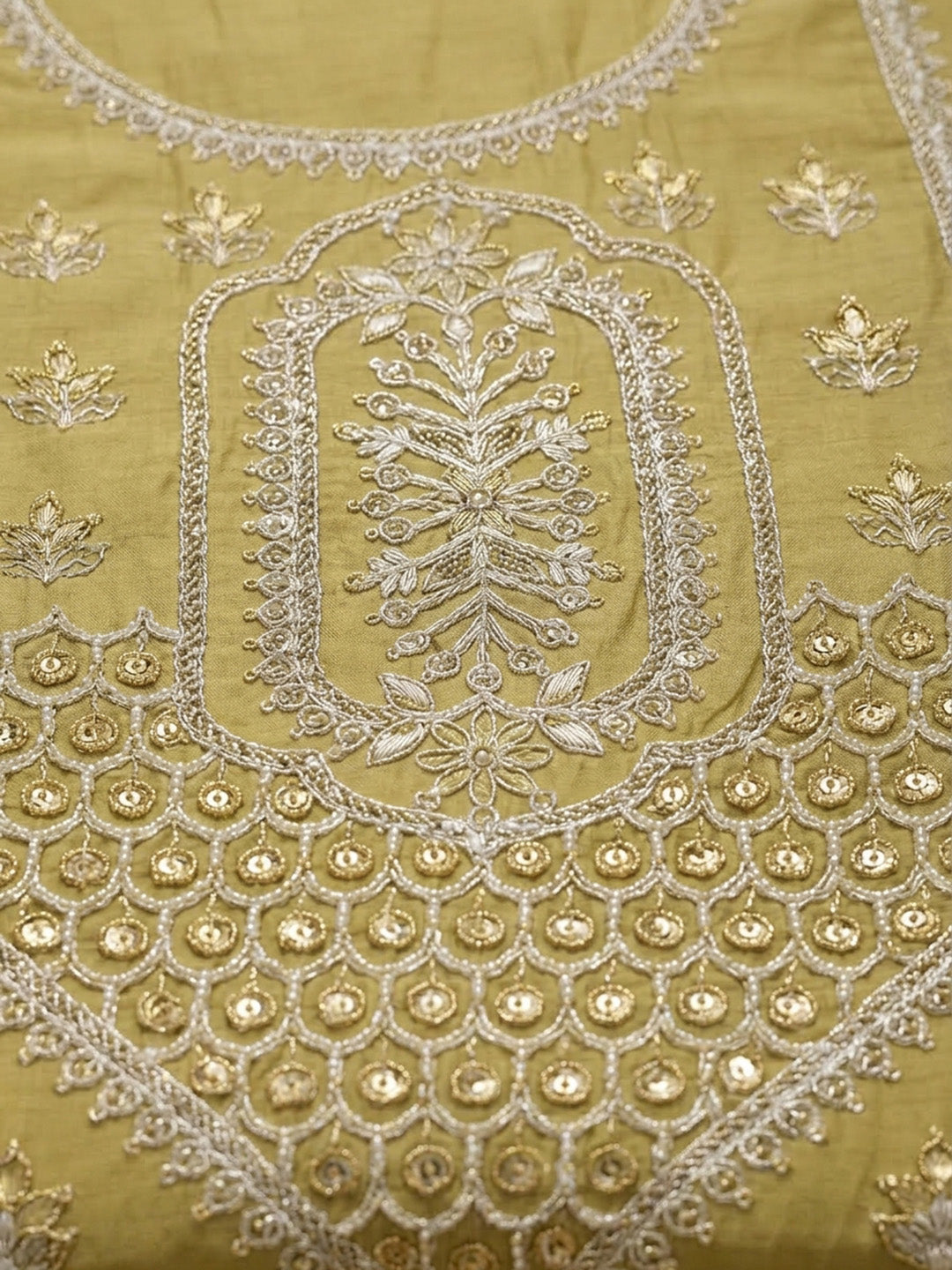 Mustard Embroidered Chanderi Unstitched Suit &amp; Pant With Chanderi Dupatta