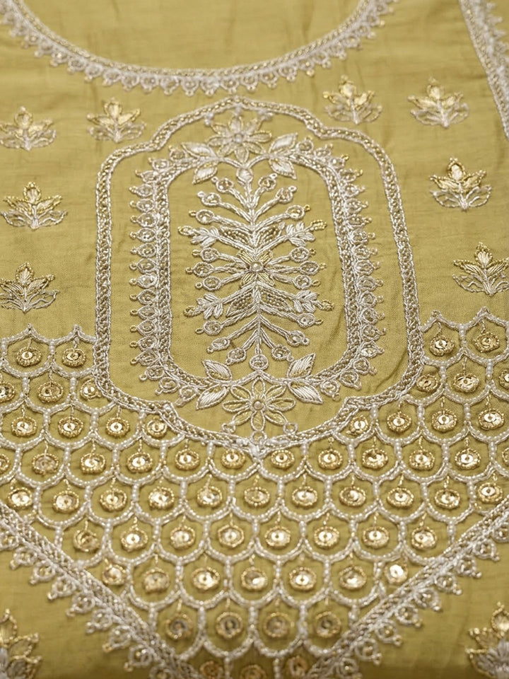 Mustard Embroidered Chanderi Unstitched Suit &amp; Pant With Chanderi Dupatta