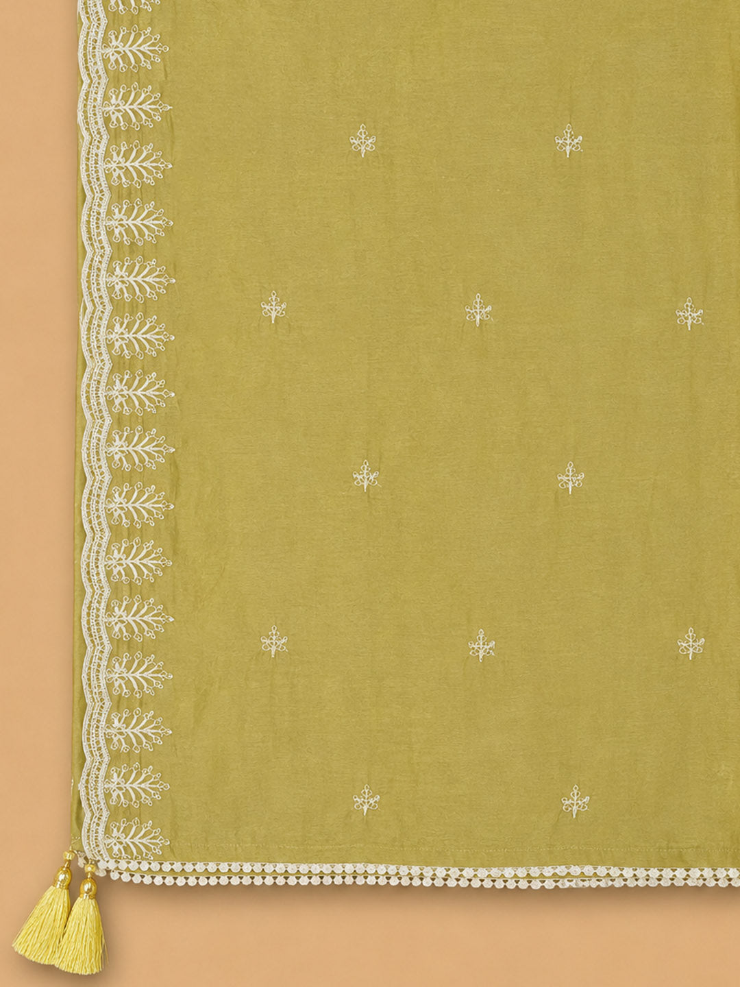 Mustard Embroidered Chanderi Unstitched Suit &amp; Pant With Chanderi Dupatta