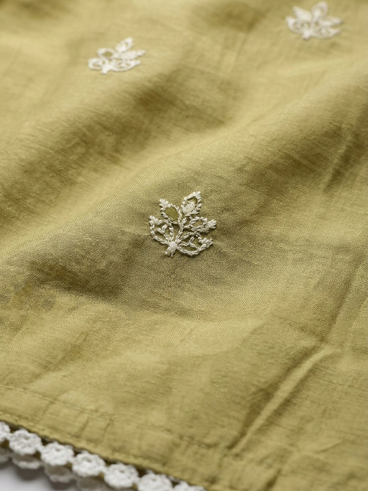 Mustard Embroidered Chanderi Unstitched Suit &amp; Pant With Chanderi Dupatta