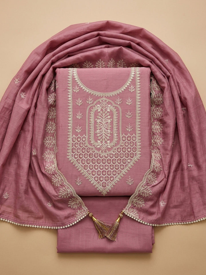 Onion Pink Embroidered Chanderi Unstitched Suit &amp; Pant With Chanderi Dupatta