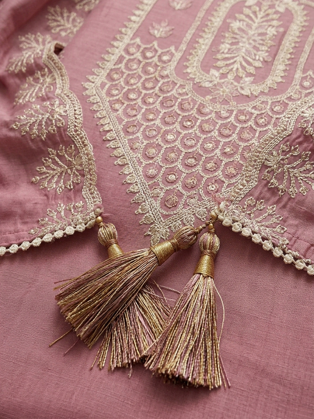Onion Pink Embroidered Chanderi Unstitched Suit &amp; Pant With Chanderi Dupatta