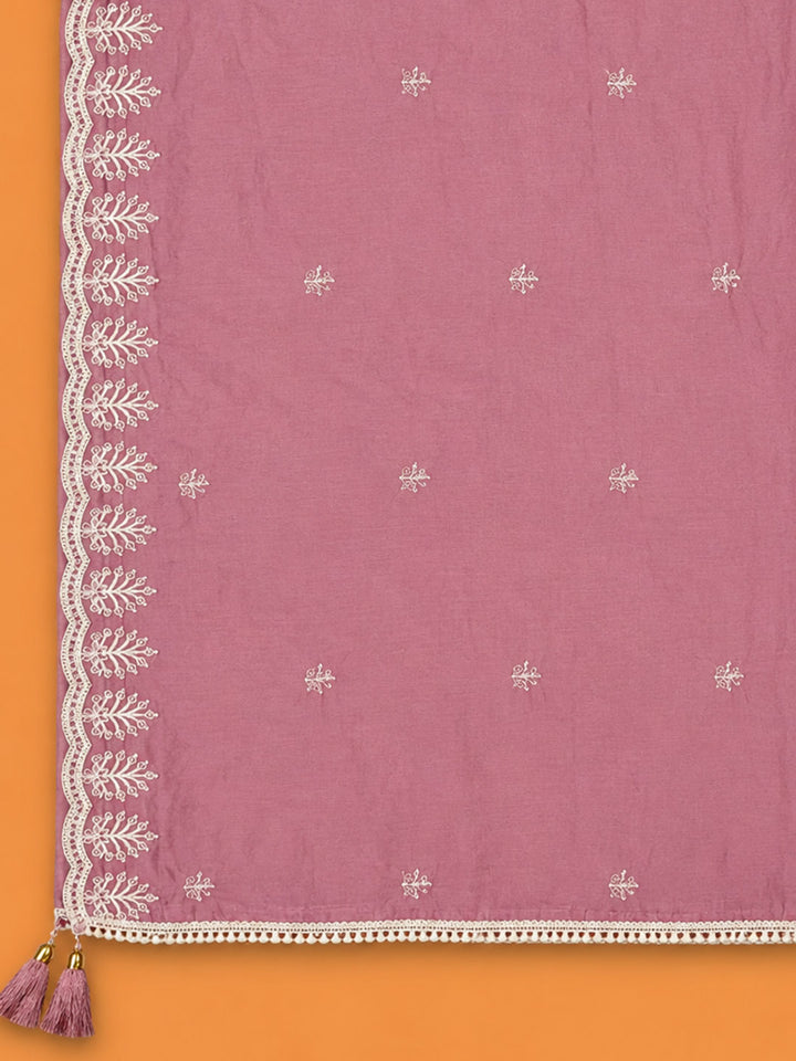 Onion Pink Embroidered Chanderi Unstitched Suit &amp; Pant With Chanderi Dupatta