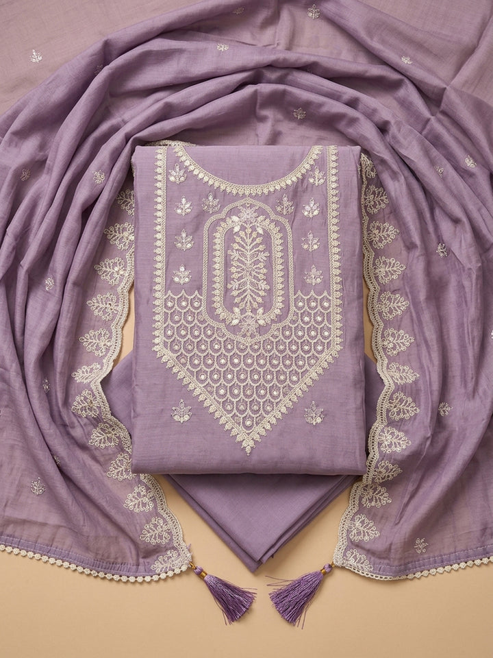 Purple Embroidered Chanderi Unstitched Suit &amp; Pant With Chanderi Dupatta