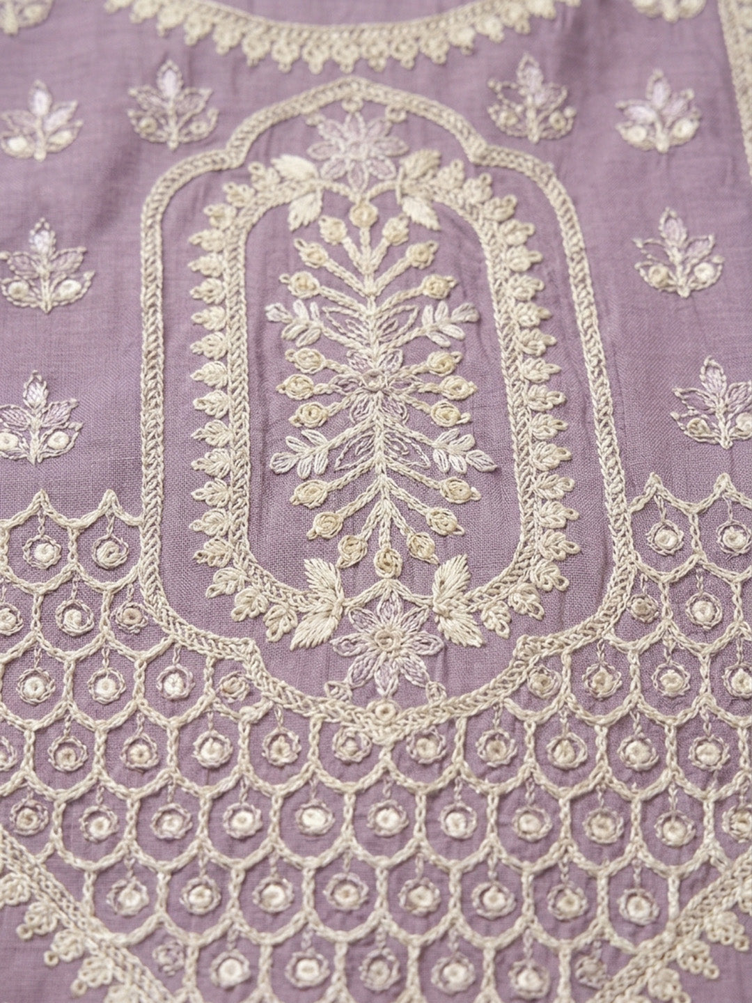 Purple Embroidered Chanderi Unstitched Suit &amp; Pant With Chanderi Dupatta