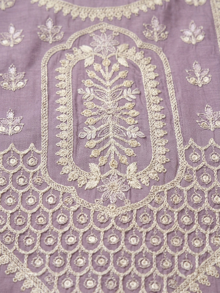 Purple Embroidered Chanderi Unstitched Suit &amp; Pant With Chanderi Dupatta