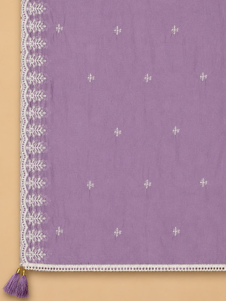 Purple Embroidered Chanderi Unstitched Suit &amp; Pant With Chanderi Dupatta