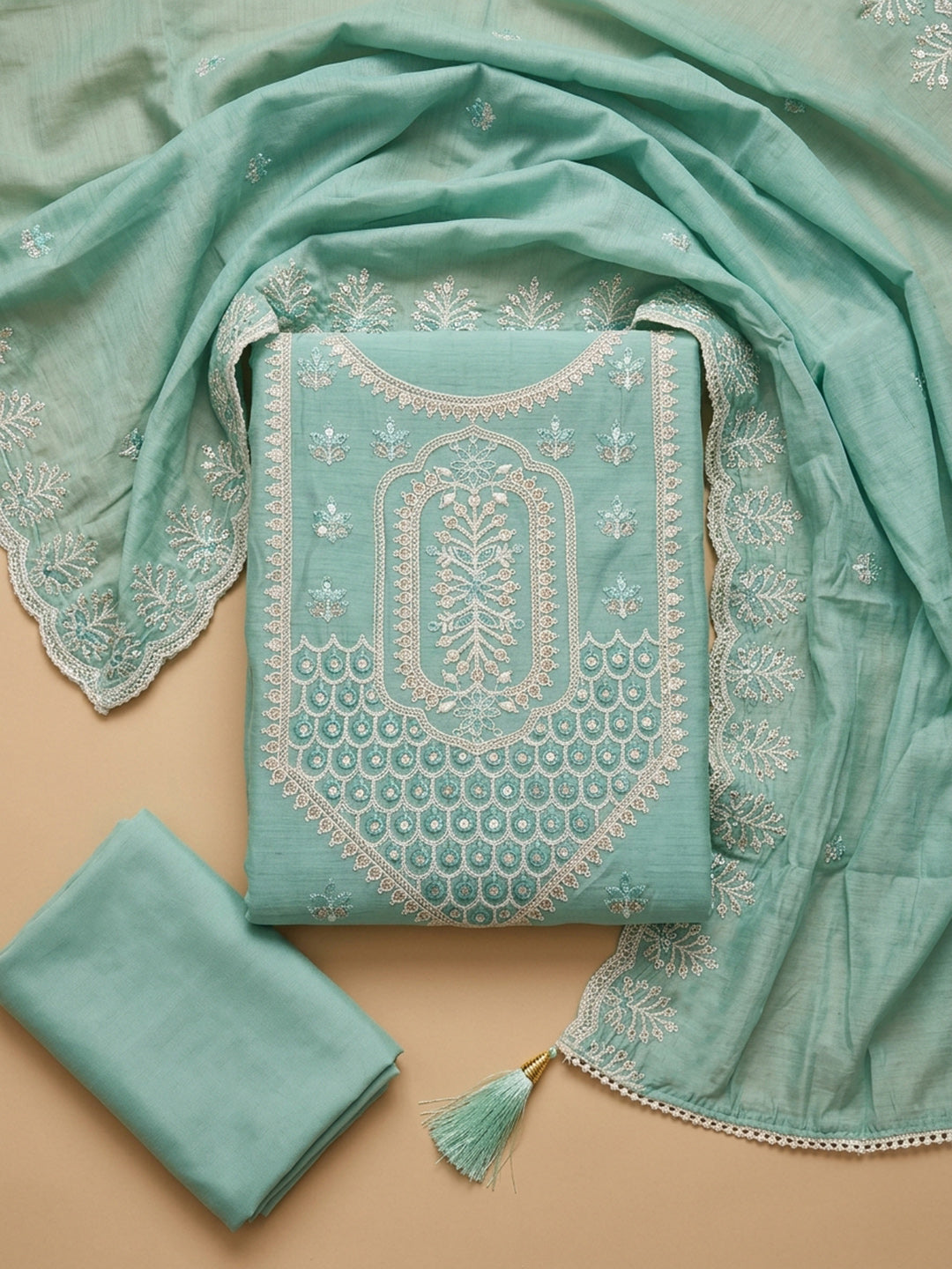 Sea Green Embroidered Chanderi Unstitched Suit &amp; Pant With Chanderi Dupatta