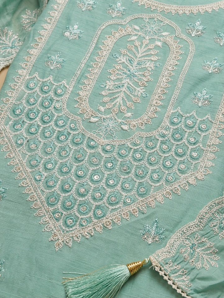 Sea Green Embroidered Chanderi Unstitched Suit &amp; Pant With Chanderi Dupatta