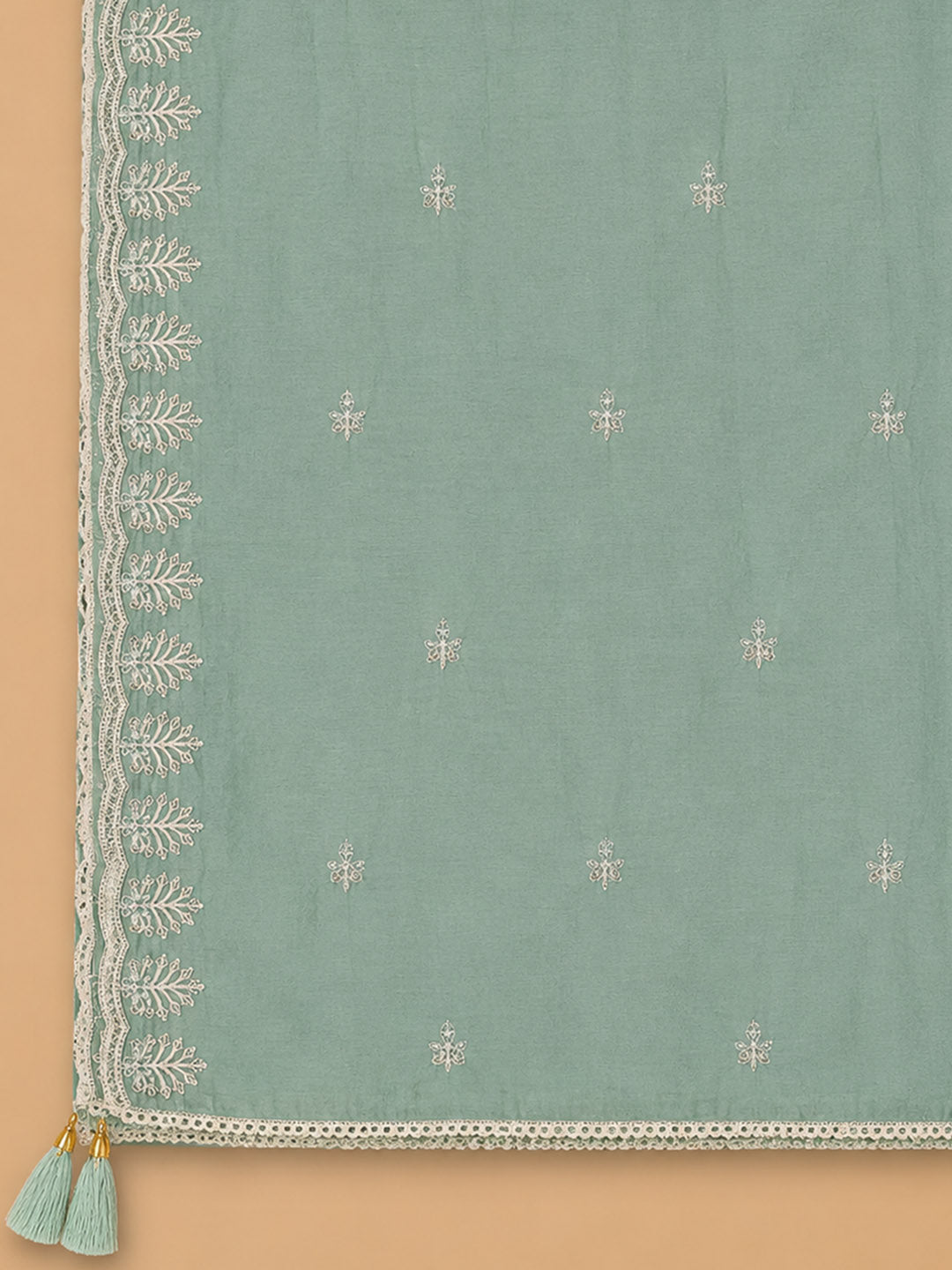 Sea Green Embroidered Chanderi Unstitched Suit &amp; Pant With Chanderi Dupatta