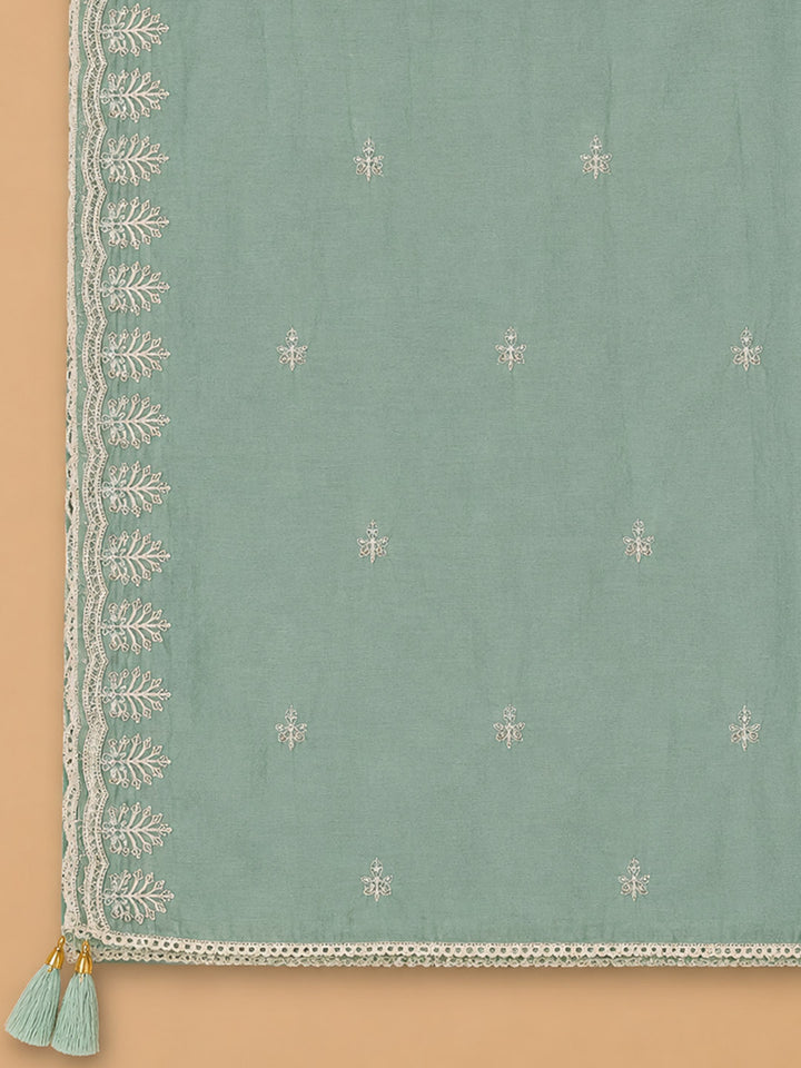 Sea Green Embroidered Chanderi Unstitched Suit &amp; Pant With Chanderi Dupatta