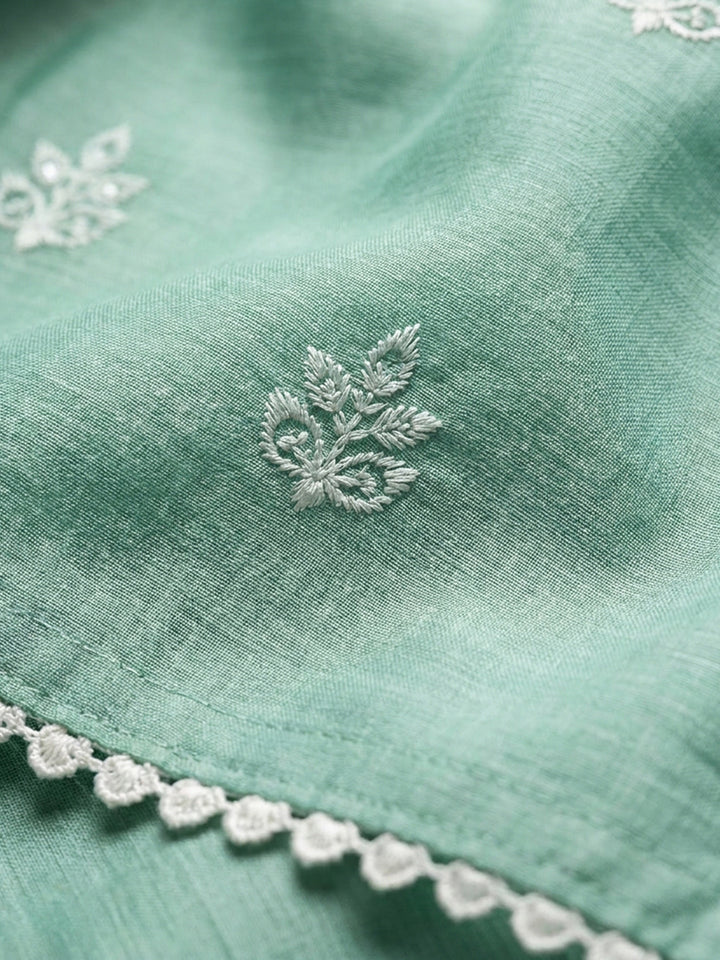 Sea Green Embroidered Chanderi Unstitched Suit &amp; Pant With Chanderi Dupatta