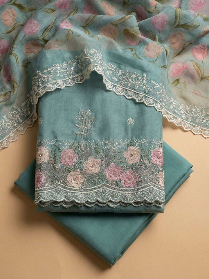 Blue Embroidered Chanderi Unstitched Suit &amp; Pant With Chanderi Dupatta