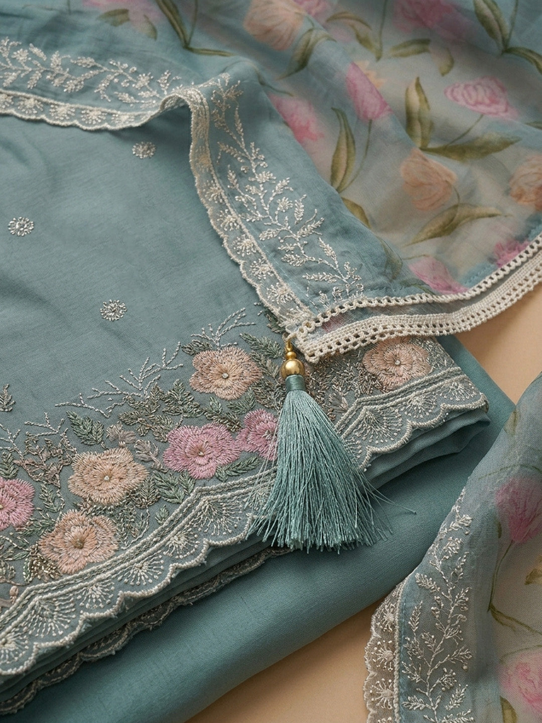 Blue Embroidered Chanderi Unstitched Suit &amp; Pant With Chanderi Dupatta