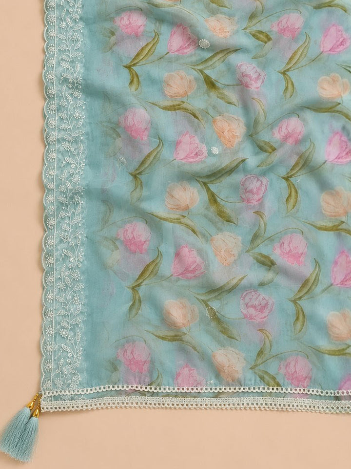 Blue Embroidered Chanderi Unstitched Suit &amp; Pant With Chanderi Dupatta
