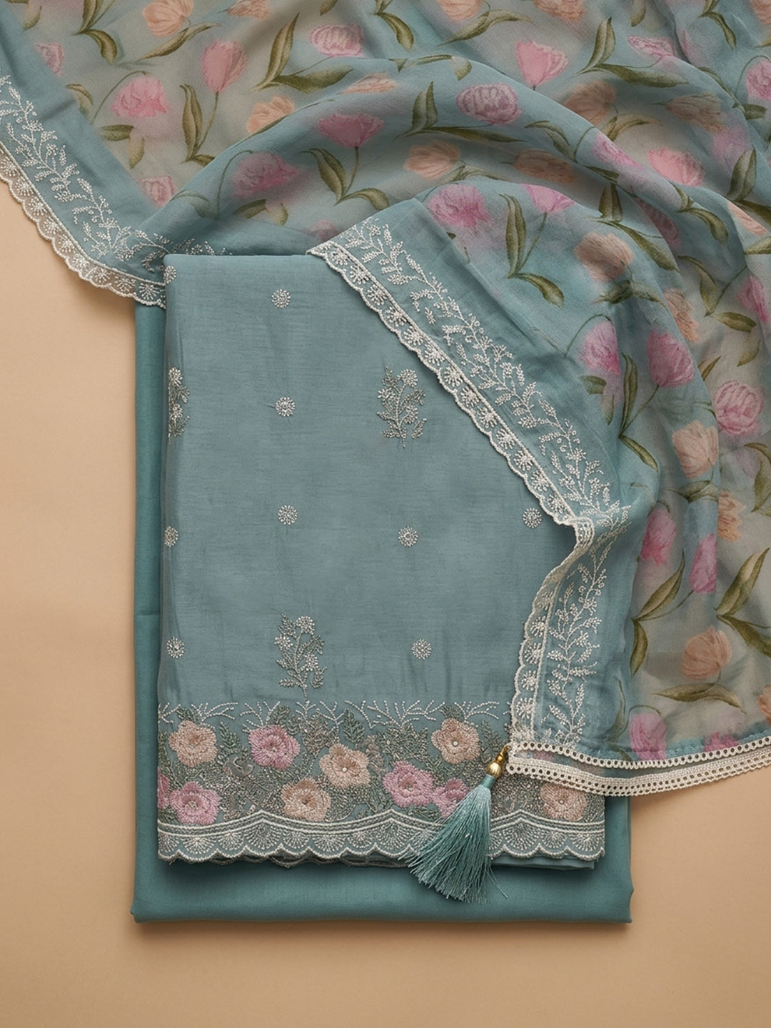 Blue Embroidered Chanderi Unstitched Suit &amp; Pant With Chanderi Dupatta