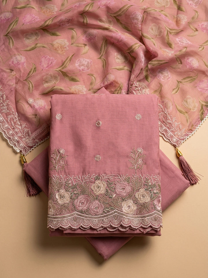 Onion Pink Embroidered Chanderi Unstitched Suit &amp; Pant With Chanderi Dupatta